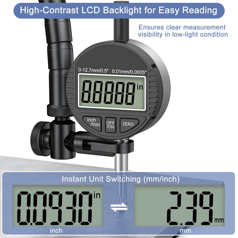 HDLNKAK Electronic Digital Dial Indicator Gauge 0-12.7mm/0.5” Inch/Metric Conversion, High Precision Probe with 0.01mm/0.0005” Resolution for Testing. 0.5”Dial Indicator