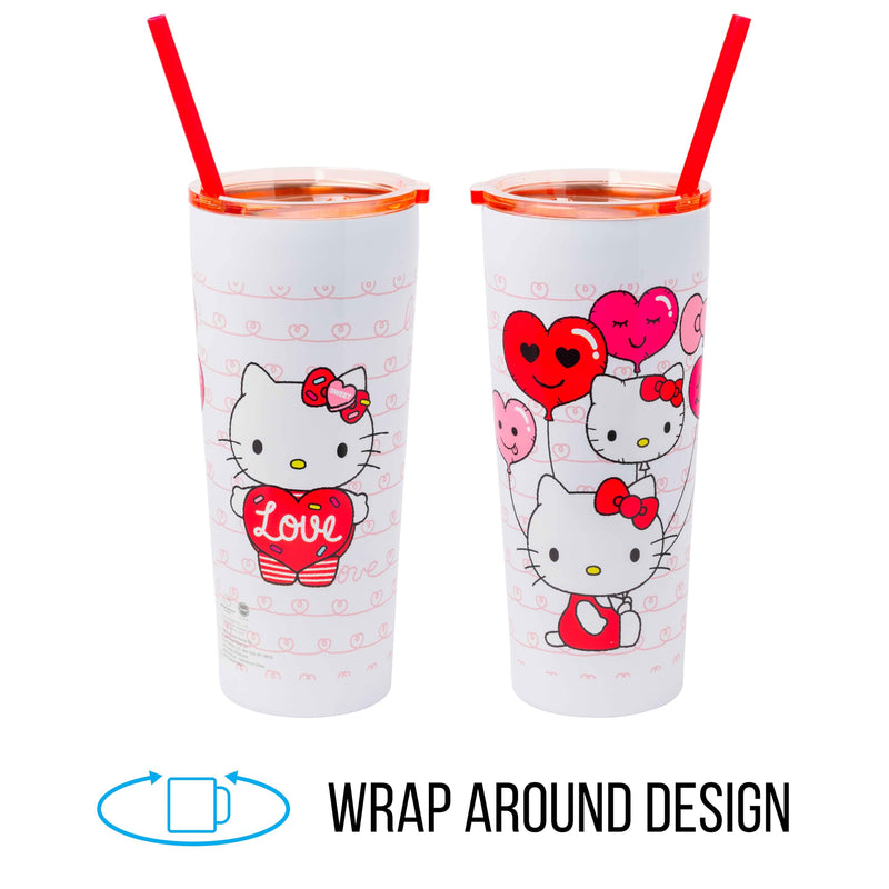 Silver Buffalo Hello Kitty Heart Balloons Double Walled Stainless Steel Tumbler with Straw, 22 Ounces