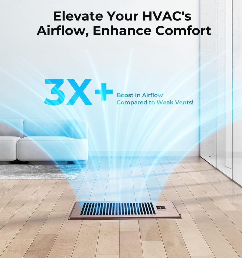 VELLEE Quiet Register Booster Fan Fits 4" x 12" (DUCT OPENING CUTOUT), 10-Speed Smart Heating Cooling AC Vent Booster Fan w/Remote Control & Thermostat Control (Bronze) - Corded Bronze 4" X 12"