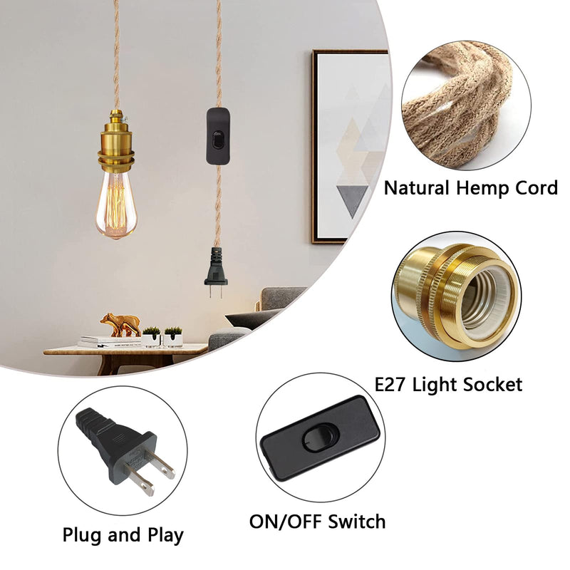 2 Pack Gold Pendant Light Cable DIY Kit, Industrial Vintage Plug in E26 Socket Hanging Lamp, Hemp Rope Hanging Lighting with Switch for Bedroom Hallway Kitchen Living Room Farmhouse(Bulb Not Included) Gold-3M-2PC
