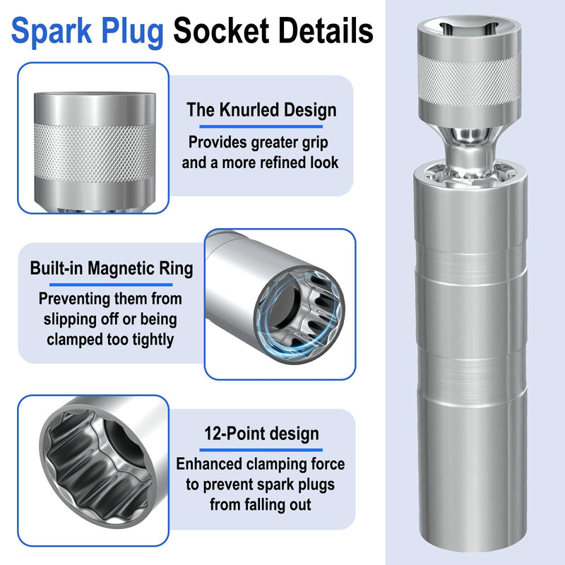 14mm&16mm Spark Plug Socket Set, Thin Wall 3/8" Drive Spark Plug Sockets Removal Tool, 12 Point, Magnetic Swivel Spark Plugs Socket for Most Car Models
