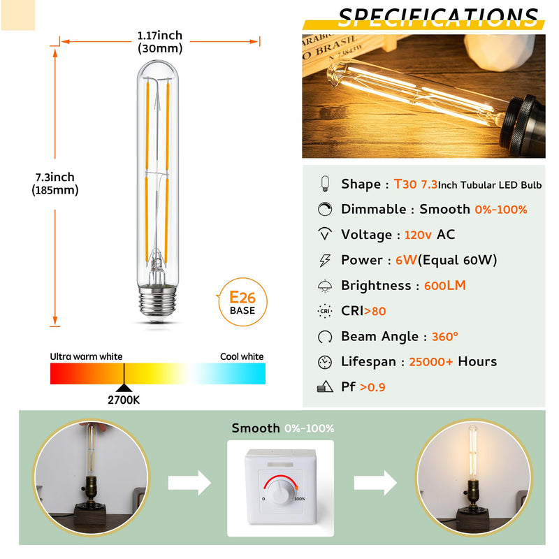 Tubular Light Bulb 7.3 Inch Dimmable T10 LED Bulb E26 6W 60 Watts Edison Bulbs 2700K Solf White,185mm Long for Wall Sconces, Pendant, Livingroom, 8-Pack T30L 8-Pack