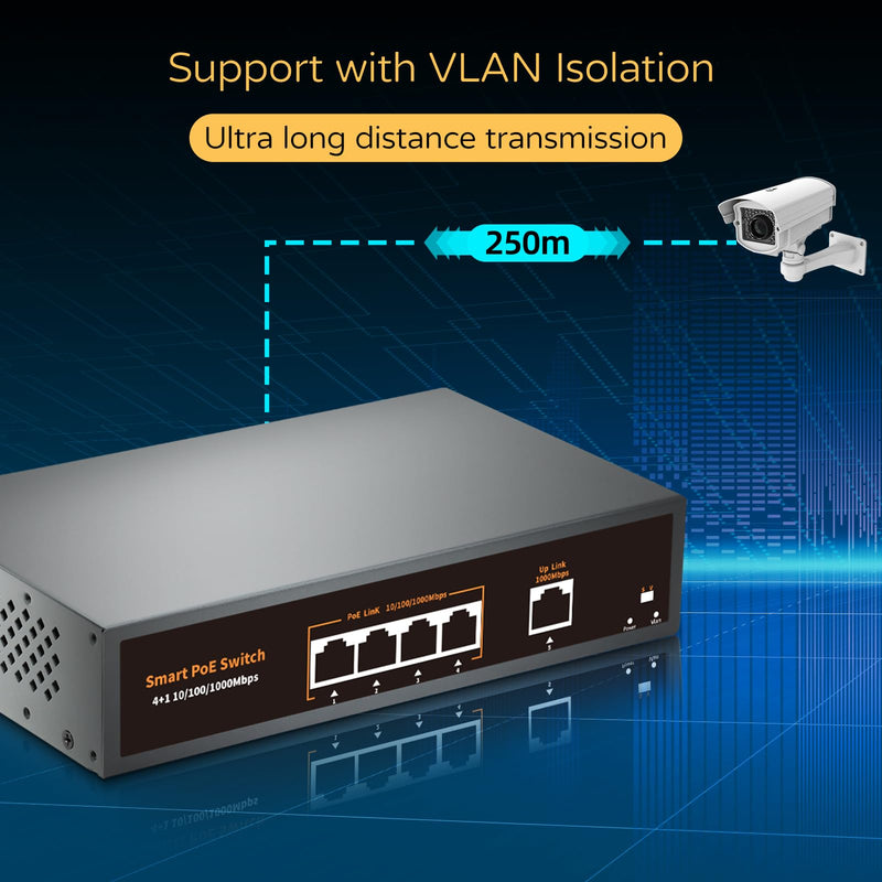 4 Port Gigabit POE Switch 2025 with 1 Gigabit Uplink, 4 POE+ Port1000Mbps,78W 802.3af/at,Metal Desktop WallMountable,VLAN Function,250 Meters Extend,Metal FanlessPlug and Play Network Switch G0410GB-A