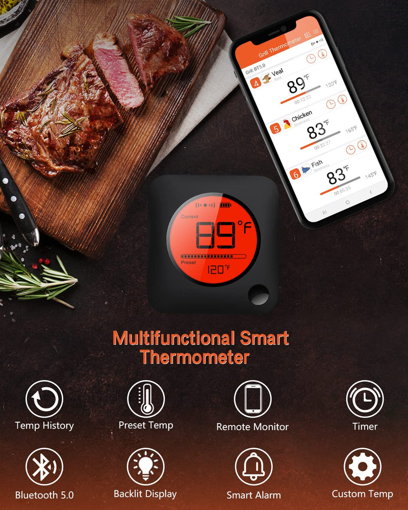 BFOUR Meat Thermometer Wireless Bluetooth, LCD Digital Meat Thermometer with Dual Probe, Wireless Remote BBQ Thermometer for Smoker Kitchen Cooking Grill Thermometer for Grilling BBQ Oven 2 x Probes
