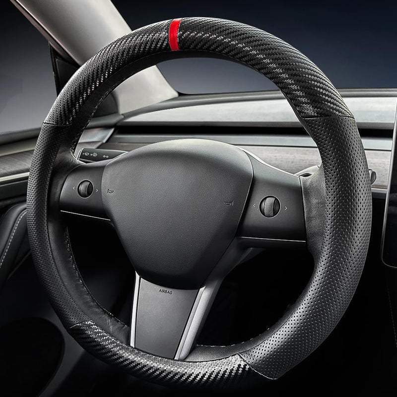 Carodi Carbon Fiber Leather Car Steering Wheel Cover ，for Tesla Model 3 / Model Y Steering Wheel Cover Black-B