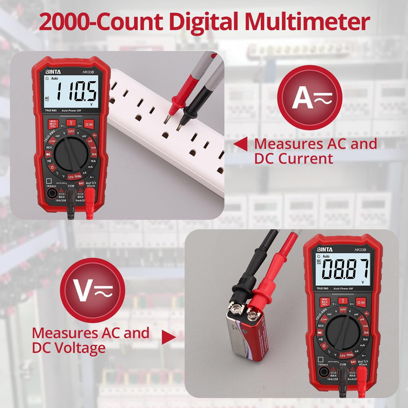 BINTA Digital Multimeter 2000 Counts with AC/DC Voltage, 1.5V/3V/9V Battery Tester Ohm Volt Amp Meter, Multimeter Tester with NCV, Temperature, Diode Measuring for Automotive Home Industrial