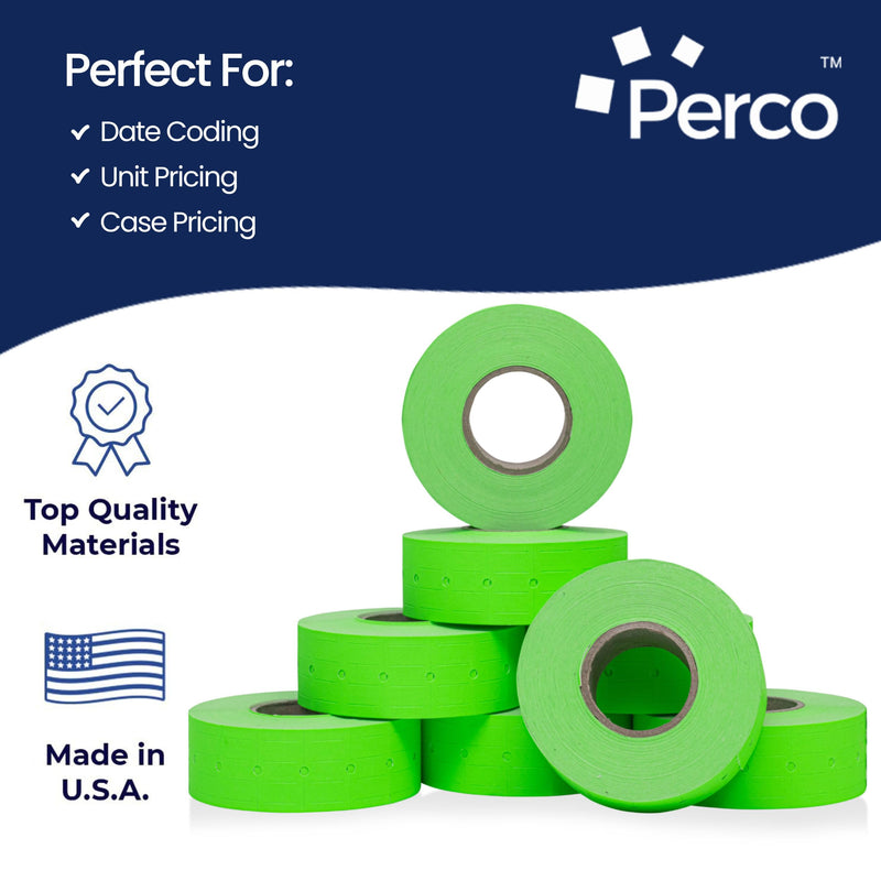 Perco 1 Line Fluorescent Green Labels - 8 Rolls, 1 Sleeve, 8,000 Blank Price and Date Gun Labels for Perco Lite, X, Plus and Pro 1 Line Price and Date Guns - Made in USA