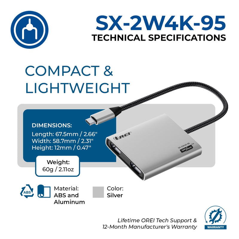 OREI SplitXtend USB-C to Dual HDMI Adapter 4K 60Hz – Dual Monitor USB C Hub with 95W Power Delivery, USB-C DP Alt Mode & Thunderbolt 3/4 Compatible, HDMI Adapter for Windows & MacOS