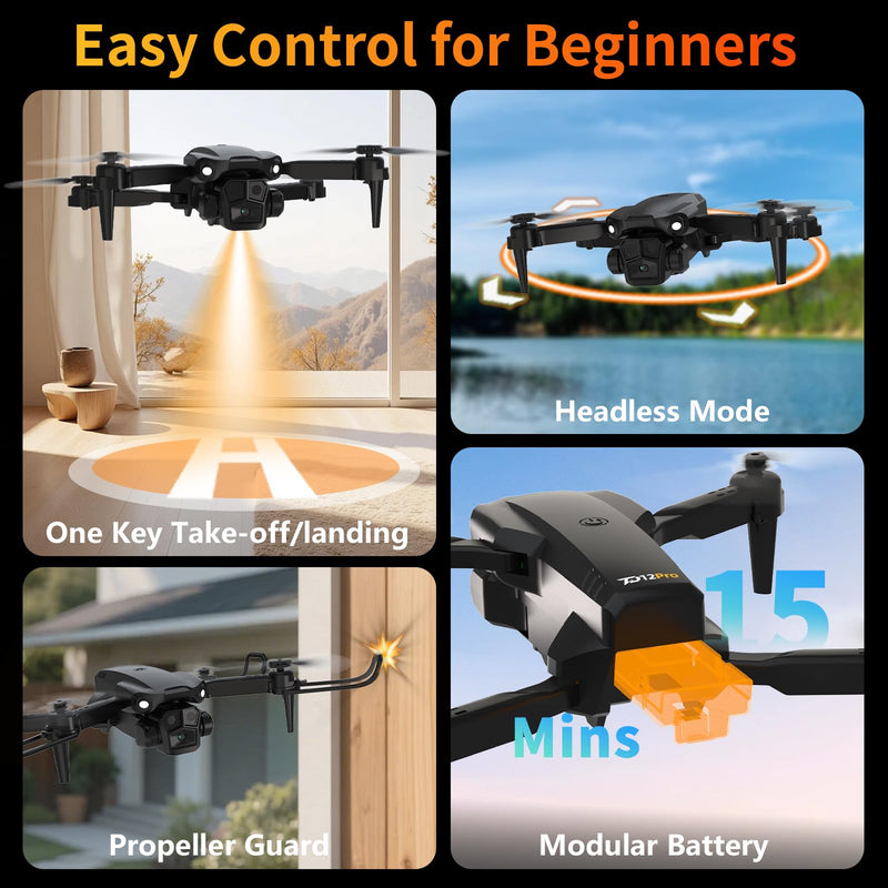 TD12Pro Drone with 1080P Camera for Adults Kids, Mini Drone with LCD Screen Remote, Foldable Remote Control Quadcopter, One Key Start, Easy to fly, Toy for Kids Adult Beginners Black01