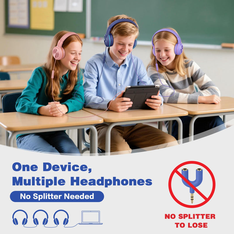 SIMOLIO Manyshare Kid Wired Headphones with Mic for School,USB-C &3.5mm | Over Ear Foldable Headset with Stereo Sound & HD Mic & Share Port, Noise Cancelling w/Pouch for Travel, iPhone,iPad,Tablet,PC Barbie Pink