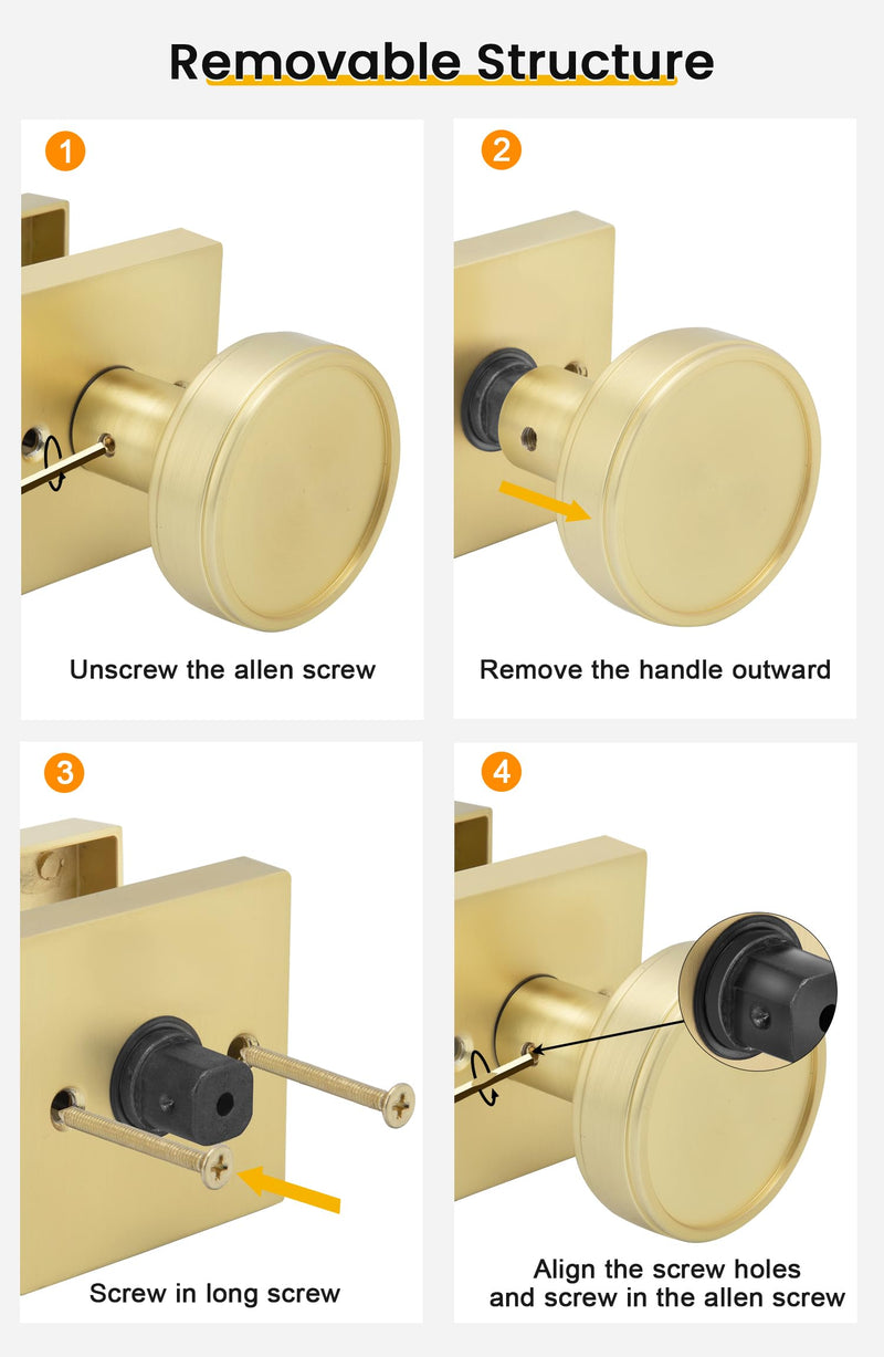 Goldenwarm Gold Passage Door Knob Interior, Zinc-Alloy Round Brushed Gold Closet Door Knob Heavy Duty Hall Closet Doorknob, Hallway - 1 Pack