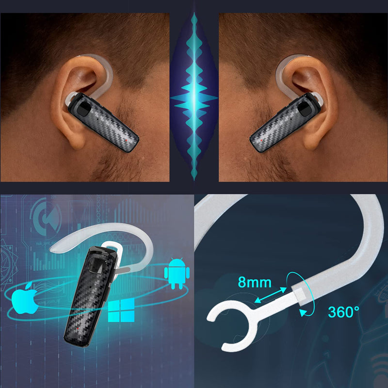 Bluetooth Headset, CVC8.0 Handsfree Bluetooth Earpiece, 16 Hrs Talk Time Noise Cancelling Single Ear Wireless Headset for Office Driving, Compatible with iPhone ＆ Android Samsung Cellphone Black