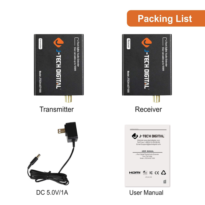 J-Tech Digital Digital Audio Extender Converter for Optical/Coaxial Audio Over Single Cat5e/6 Cable (PoC) up to 990’ (300m) for Dolby Digital, DTS 5.1, DTS-HD, PCM [JTECH-AET1000] Audio Extender 990ft with Optical & Coaxial