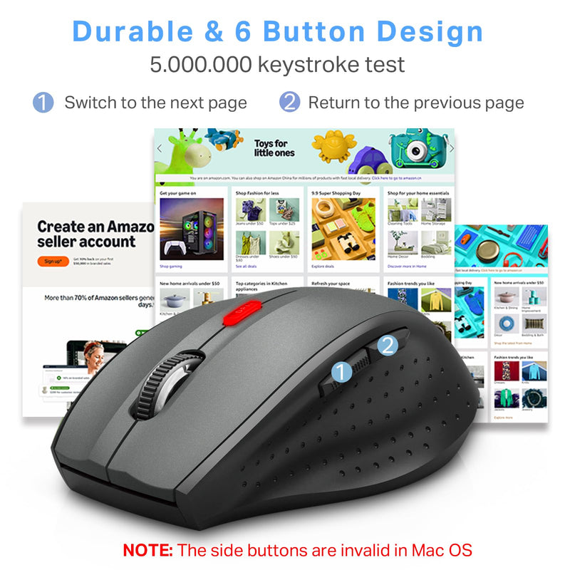E-YOOSO Wireless Mouse for Laptop, Silent Portable Computer Mouse with 6 Buttons, 4800 DPI, 18 Months Battery Life, 2.4GHz Quiet Optical USB Mouse for PC Chromebook Windows Mac Gray & Black