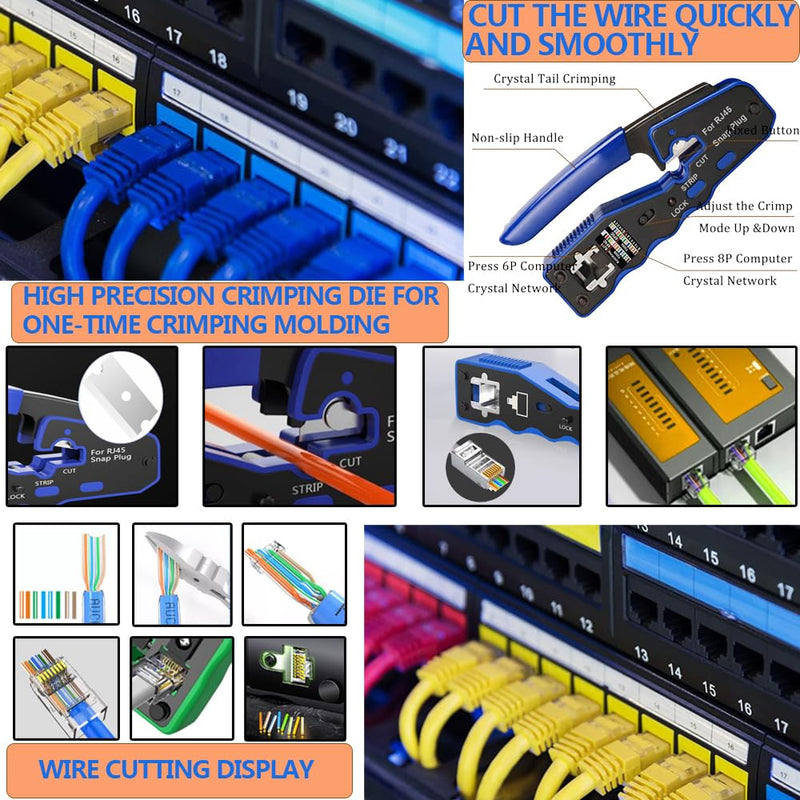 LEATBUY CAT5 CAT6 Crimping Tool RJ45 Crimp Tool Set for Pass Through for Regular with Connectors, Covers Network Wire Stripper Kit Ethernet Crimper Internet Punch Down Cutter(Blue) Blue