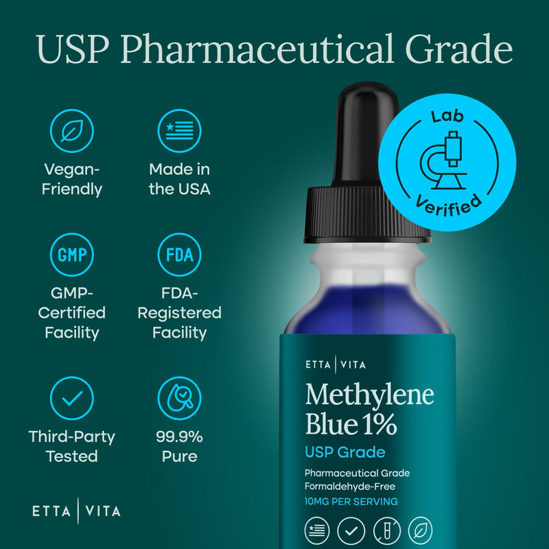 Methylene Blue Drops - USP Pharmaceutical Grade 99.99% Pure 1% Solution for Energy, Focus, Clarity, Cognition & Cellular Support - 3rd Party Tested, Formaldehyde-Free, Made in USA, 2oz Tincture