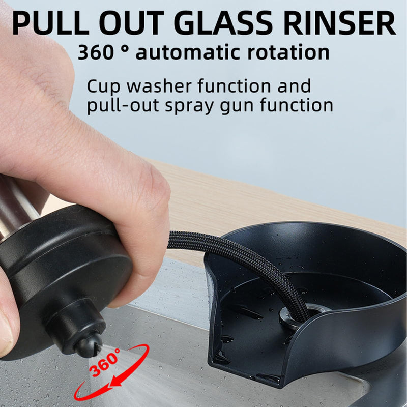 Glass Rinser for Kitchen Sink Glass Rinser with Pull-Out Spray High Pressure 360° Rotating Faucet Glass Rinser Cup Cleaner Bottle Washer for Bar Cafe Sink Black