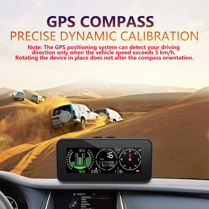 Car Inclinometer Angle Slope Meter Digital HUD GPS Level Tilt Meter MAIMEIMI, Real-time Multifunctional Vehicle tilt, Pitch Angle, Speed with Dashboard Compass Display for 11.5-30V Off-Road Vehicles