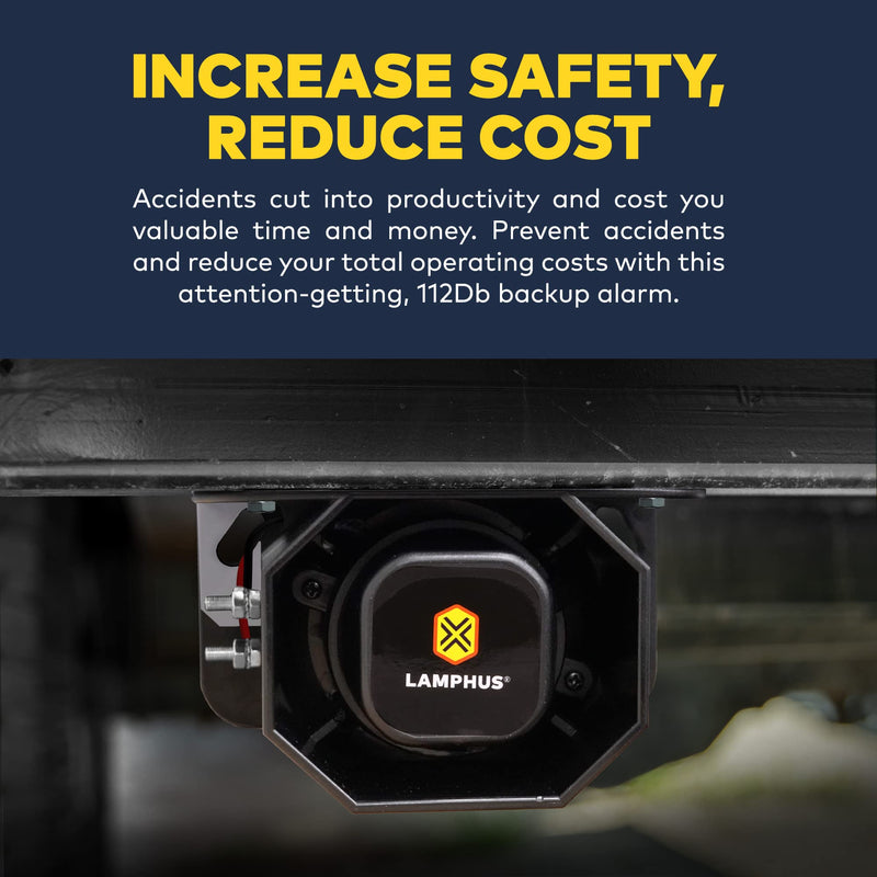 LAMPHUS Backup Sound Alarm for Pickup Truck [112dB] [SAE J994 Class A] [12V - 48V DC] [SoundAlert] Universal Reverse Back-Up Warning Beeper for Industrial Heavy Equipment Forklift Work Van Car Vehicle 112 dB