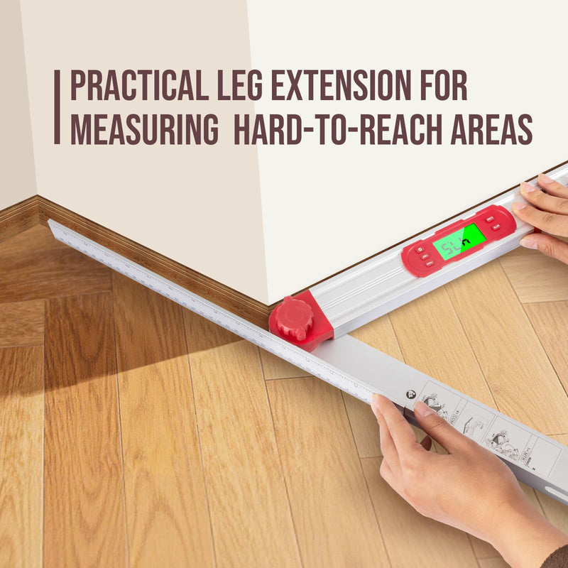 16-Inch Digital Angle Finder with MTR & COM, ±0.2° Accuracy for Woodworking & DIY | 0–220° Protractor, Backlit LCD, Aluminum Alloy Angle Gauge with Leg Extension, Vertical/Horizontal Levels