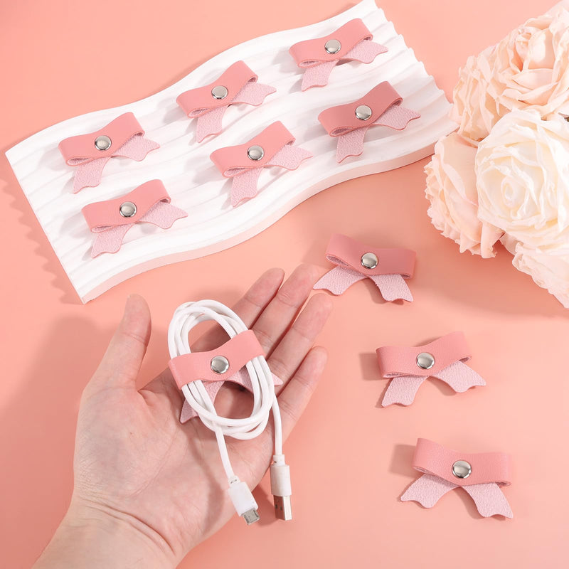 10pcs Pink Bow Cord Organizers, PU Leather Cable Holder Straps Bowknot Electronic Device Cord Management Ties for Storing Chargers and Earphones