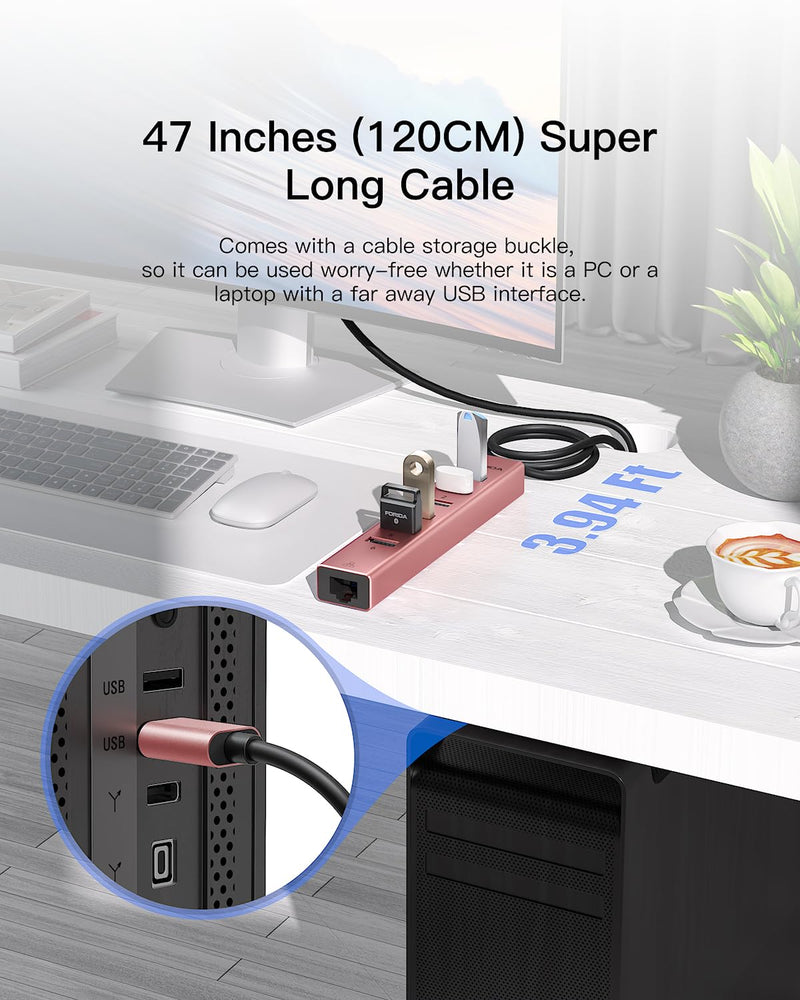 Aluminum USB 3.0 Adapter USB to Ethernet HUB with 120CM Long Cable for Laptop USB Extender with Gigabit Ethernet Port and 5V/3A Power Port 7 Ports USB Hub for iMac PC Flash Drives (Rose Gold) Rose Gold
