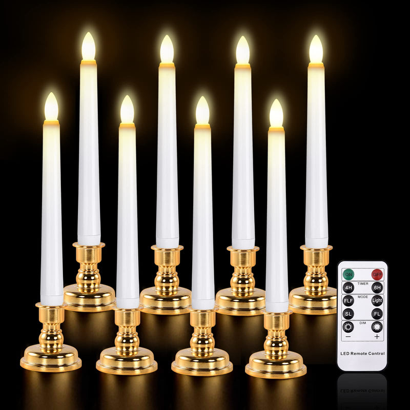 JOSU Taper Battery Operated Candles: 8PCS Flickering Flameless Candles with Timer - 3D Wick Fake Window Candle Outdoor +8 Gold Candlesticks, for Home Decor & Festival Celebration 8PCS-Taper Candle