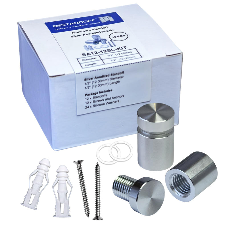 Pack of 12 Aluminum Standoff Screws Wall Sign Standoff Mounting Hardware Standoff Mounts for Acrylic Picture Frame (12, Silver, 1/2" x 1/2") 1/2" x 1/2"