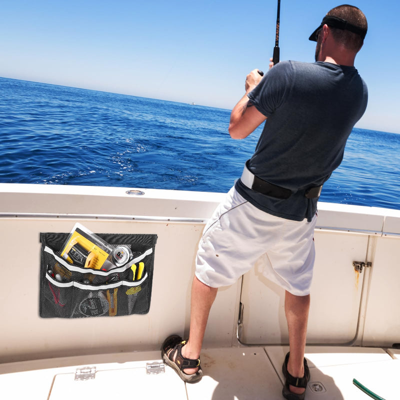 2 PCS 13.7"x 9.8" Boat Storage Mesh Bag, Upgraded 2-Layer 1 Large+3 Small Pockets Self-Adhesive Organizer with 3 Strong Adhesive Pads Double Reflective Strips, Keep Your Boat Tidy and Items Secure