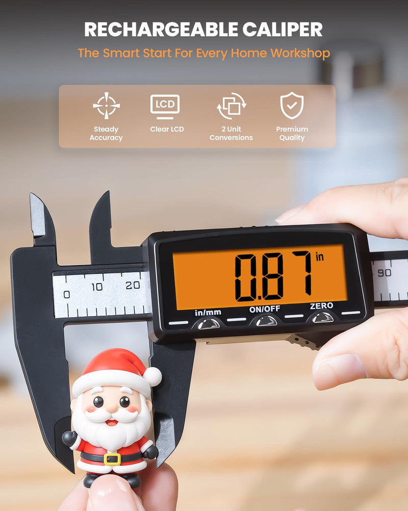 HARDELL Rechargeable Digital Caliper, 6" Plastic Calipers with Large Orange Screen (Non-Backlit), Inch/mm, Auto-Off Micrometer – Everyday Caliper Measuring Tool for Woodworking, DIY & Household