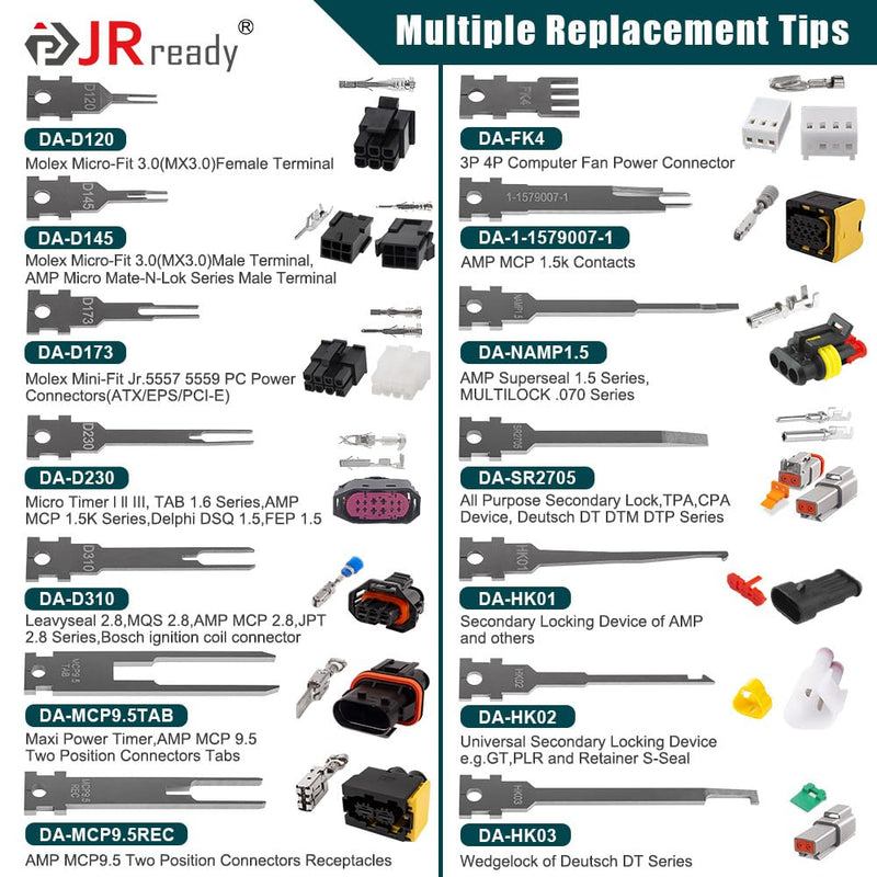 JRready ST5278 Replacement Tips for Pin Removal Tool 26PCS Pin Extractor Tool Tips Electrical Terminal Release Tool Compatible with Deutsch AMP/TE Molex Delphi JST Harting Connectors & More St5278 26pcs Replacement Tips