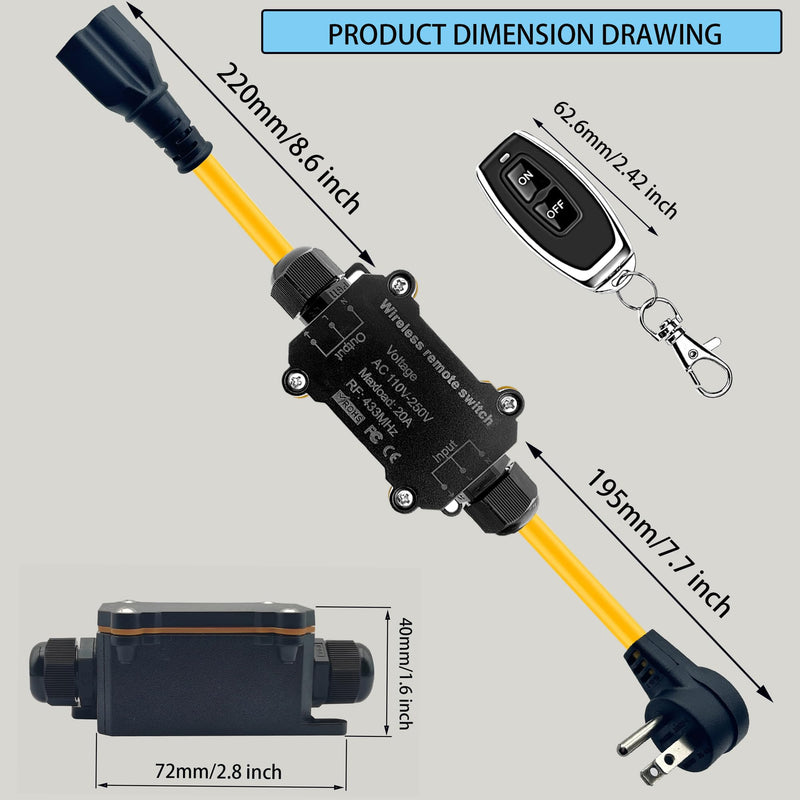 AC110V Waterproof Remote Control Power Switch,Equipped with a Multi-Functional Socket Plug, AC110/230/240/250 V/20A Waterproof Wireless Light Switch,165 Ft,Suitable for Lamps and Electrical Equipment 1 Way AC 110V Remote Control Switch