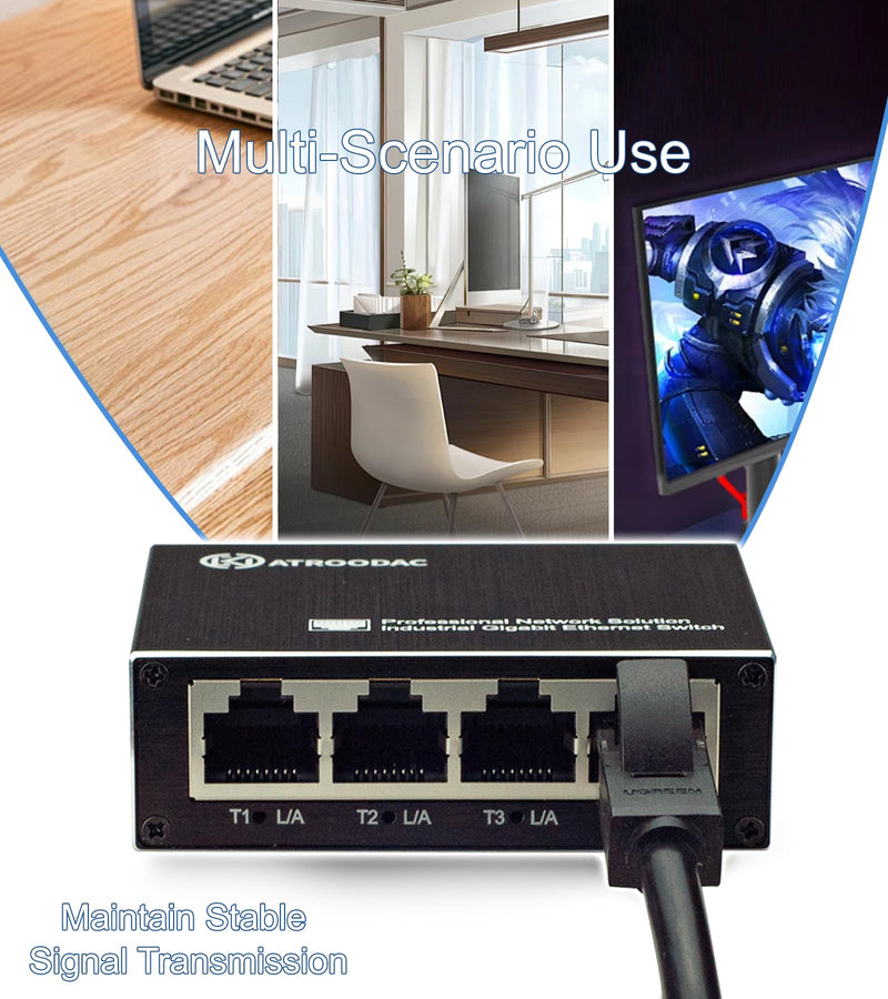Mini Ethernet Switch 5 Ports Gigabit Enhanced Protection 10/100/1000 Mbps Unmanaged Network Switch Plug & Play Office Ethernet Splitter Fanless Silent Metal Case Network Hub Desktop Design 5-Ports, Protection Enhanced(non poe)