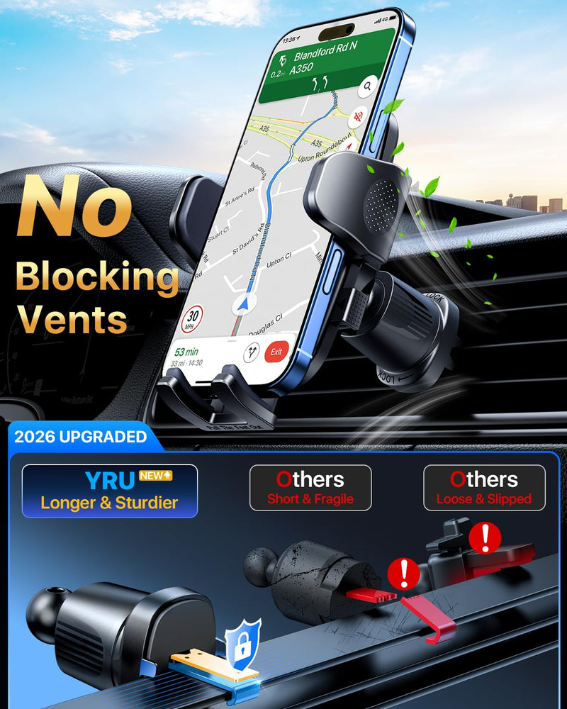 YRU 2026【100+LBS Suction & Flexible Low-Profile Arm】 Car Phone Holder Mount | 【Newest Upgrade Military-Grade & Safety Cert】360°Rotate Dash Windshield Vent Truck Cradle for iPhone17 16 Pro Max, Dark Black