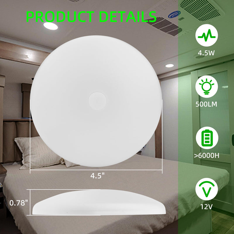 RV Puck Lights, 4.5Inch RV Light Interior 12V, RV LED Ceiling Dome Lighting with ON/Off Switch, 500LM Camper Lighting Fixture for RV Boat Camper Trailer (6500K Cool White, 6PCS) Cool White 6Pack 4.5 INCH