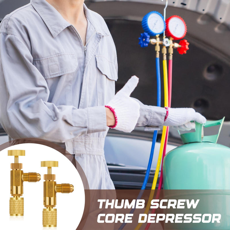 2 Pcs 1/4" Core Depressor Valve Large Thumb Screw Core Depressor Tool HVAC Brass Flow Control Valve for Refrigerant Low Loss Fittings, Yellow