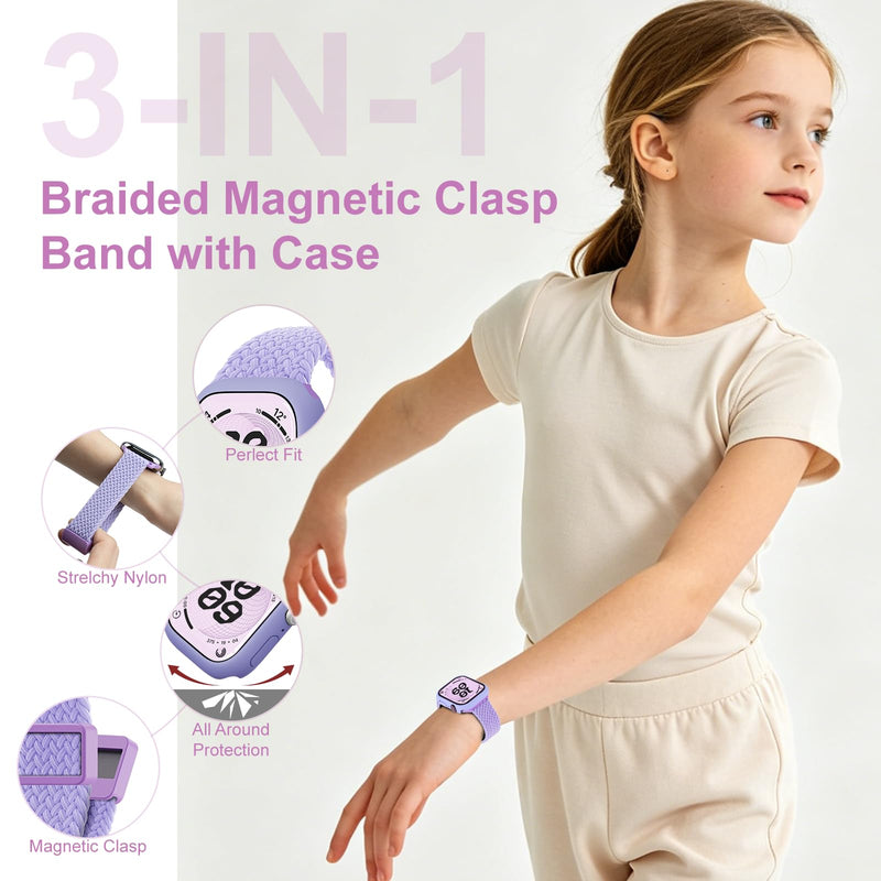 Compatible with Kids Apple Watch Band with Case 38/40/41/42/44/45mm Braided | for iWatch Series SE3 SE2 SE 9 8 7 6 5 4 3 2 1, Nylon Elastic Magnetic Clasp Strap and Protective Cover with Tempered Glass LilacPurle 40mm-series 6/5/4/Se1/Se2/Se3