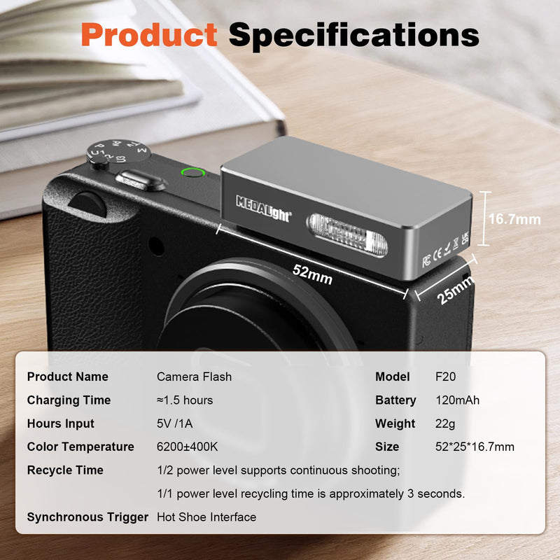 MEDALight F20 Mini Camera Flash for GR IV,Aluminum Hot Shoe Speedlite Compatible for RICOH GR IV/GR 3/GR 3X,6200K,2 Power Levels Portable Manual Flash(Grey). Grey