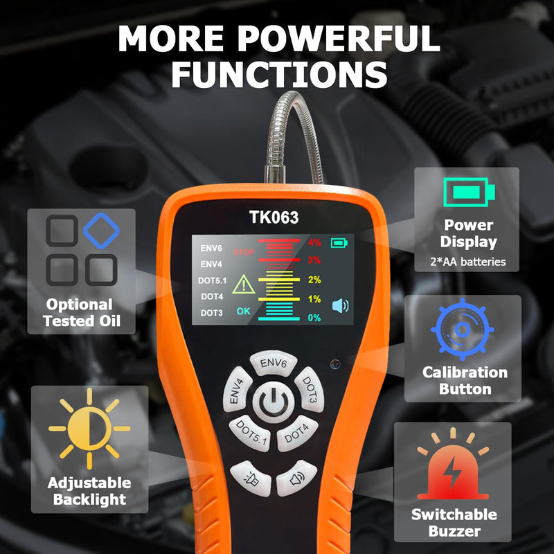 THIKPO Brake Fluid Tester for DOT3 DOT4 DOT5.1 EVN4 EVN6, High-Sensitivity Digital Brake Oil Moisture Tester with LCD Display, Built-in Calibration, Corrosion Resistance Probe, Buzzer Alarm