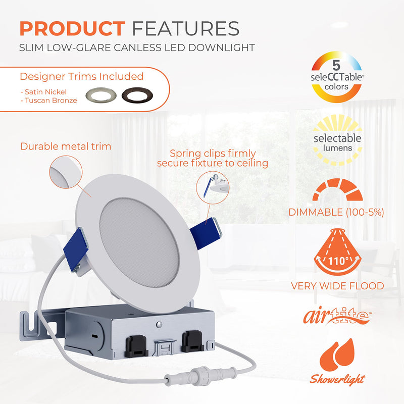 HALO HLB 4 inch LED Recessed Ceiling Light Canless Dimmable with Selectable Lumens and Selectable Color 27/30/35/40/5000K Wet Location Airtight Ultra Slim Indoor Outdoor with 2 Trims HLB4LSFS5-2TR Selectable 700/850/1000 Lumens