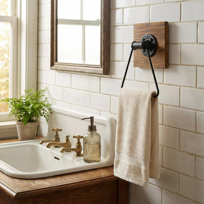 MyGift Bathroom Hand Towel Holder, Towel Rack Ring 5.5x8.7 inch for Kitchen, Laundry Room, Matte Black Industrial Metal with Rustic Solid Burnt Wood Dark Brown