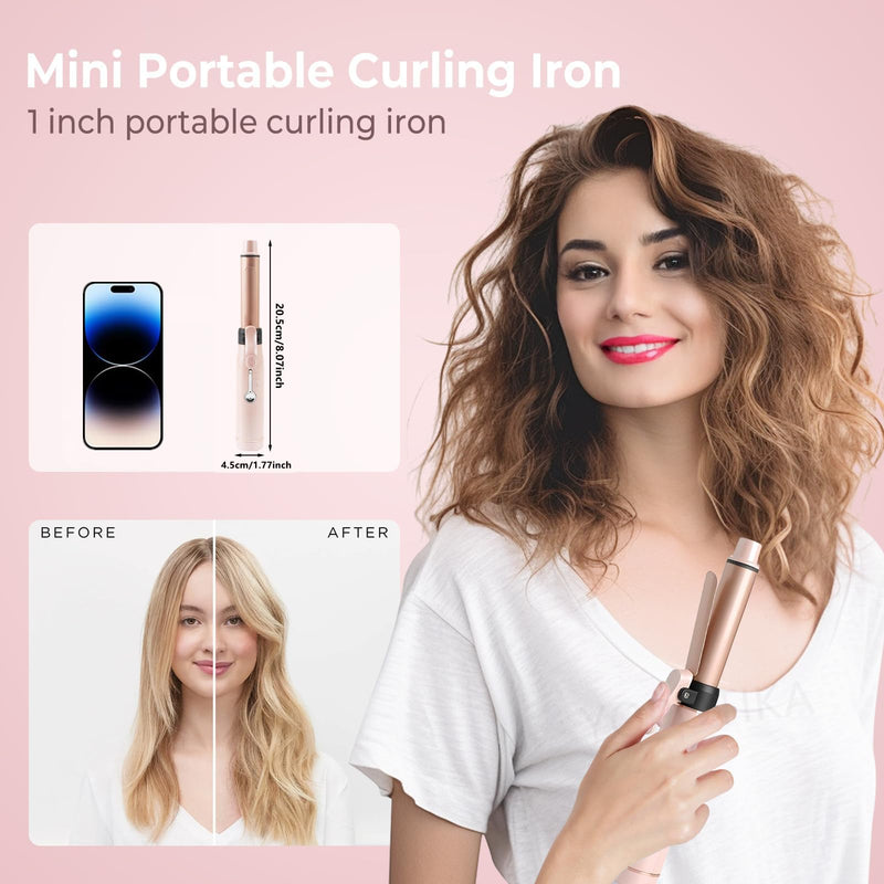  [AUSTRALIA] - Pink Cordless Curling Wand 19mm Ceramic Mini Hair Curler for Travel | polycarbonate exterior fast heat up rechargeable power dual thermal modes female daily styling compact handbag size items
