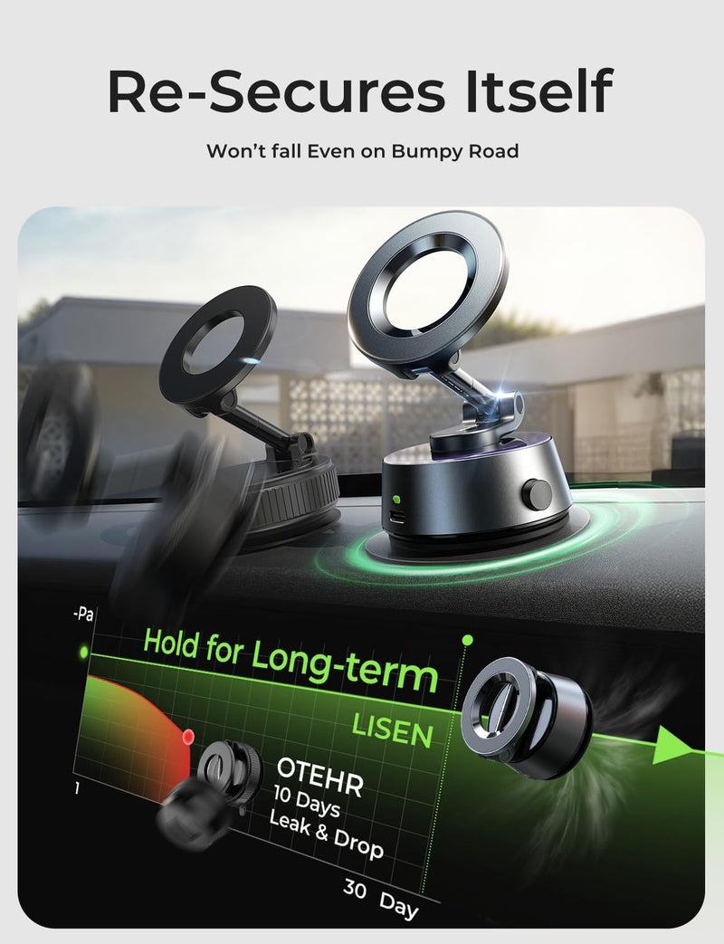 LISEN SuctionPro Vacuum Magnetic Phone Holder Electric Content Creator Phone Holder 360 Adjustable MagSafe Suction Cup Car Phone Mount fit Video Recording for iPhone 17 Pro Max Air 16 15 14 13 Black