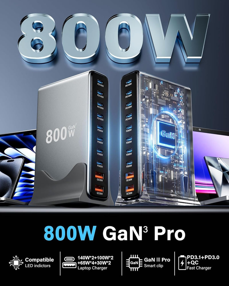 USB C Fast Charger GaNⅢ 800W Desktop Charger Block, Charging Station Hub，PD 3.1/QC 5.0 Fast Charging Station, for All iPad iPhone 16/15/14/13/Pro Max/DELL HP MacBook Pro/Air, Samsung Galaxy Note