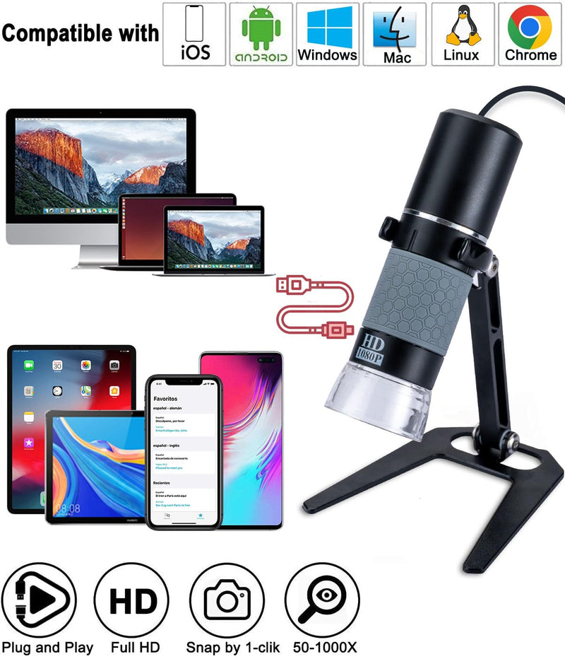 Jiusion 1080P USB Digital Handheld Microscope, 50 to 1000x Magnification Endoscope Full HD 1920x1080P Camera 8 LEDs with Metal Stand for iPhone iPad Android Mac Windows Linux Chrome Black/Grey