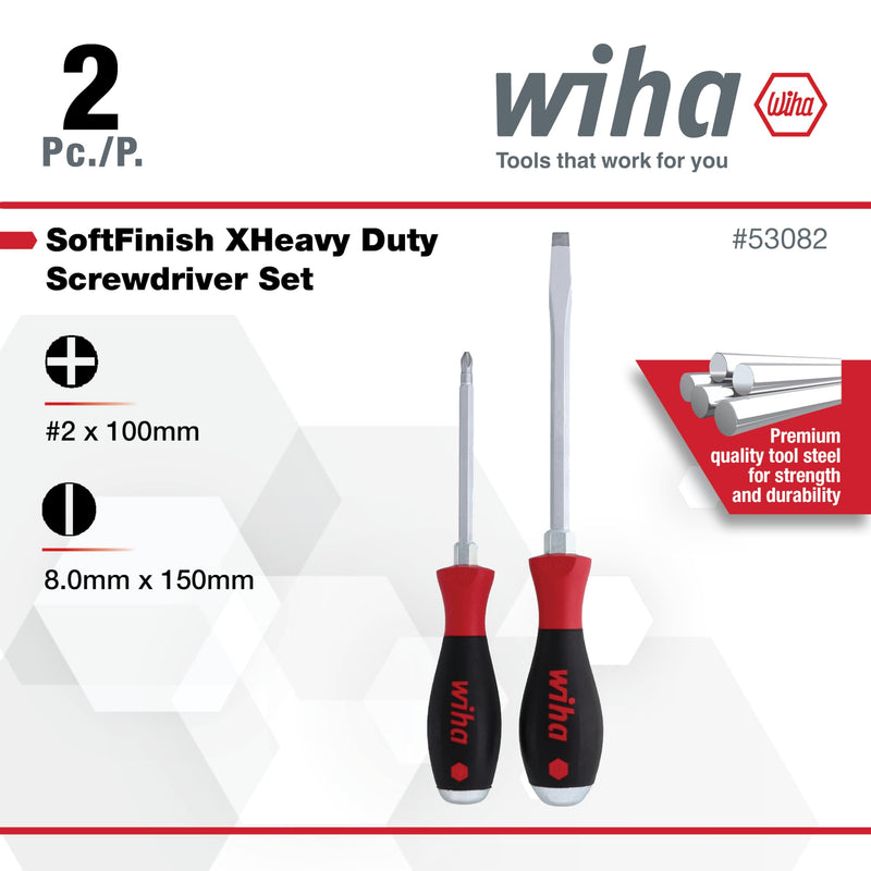 Wiha 53082 2 Piece SoftFinish XHeavy Duty Slotted and Phillips Screwdriver Set Wiha 2 Piece SoftFinish XHeavy Duty Screwdriver Set