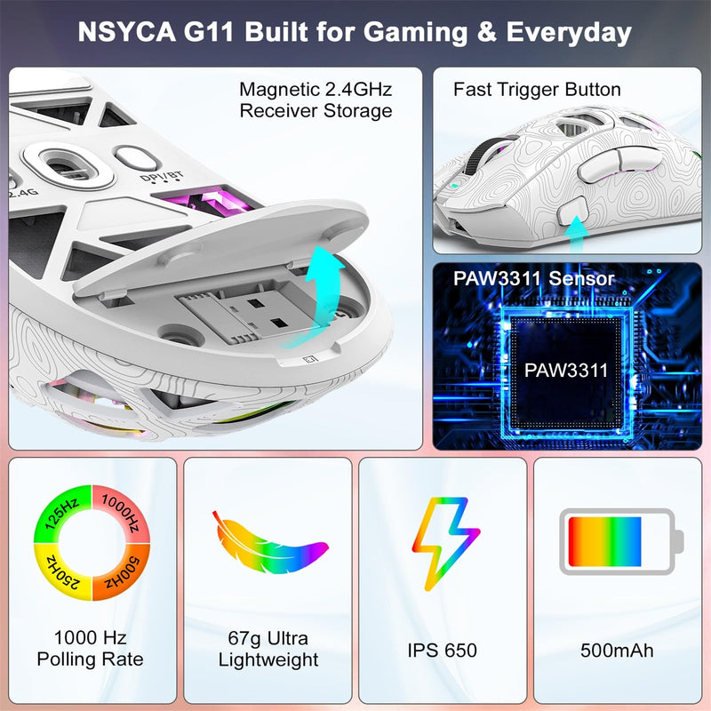 G11 RGB Wireless Gaming Mouse for Gaming Setup & Multi-Device Use, Tri-Mode Bluetooth 5.1/2.4GHz/USB-C, 22000 DPI Lightweight Programmable Mouse for PC, Laptop & Mac Line White