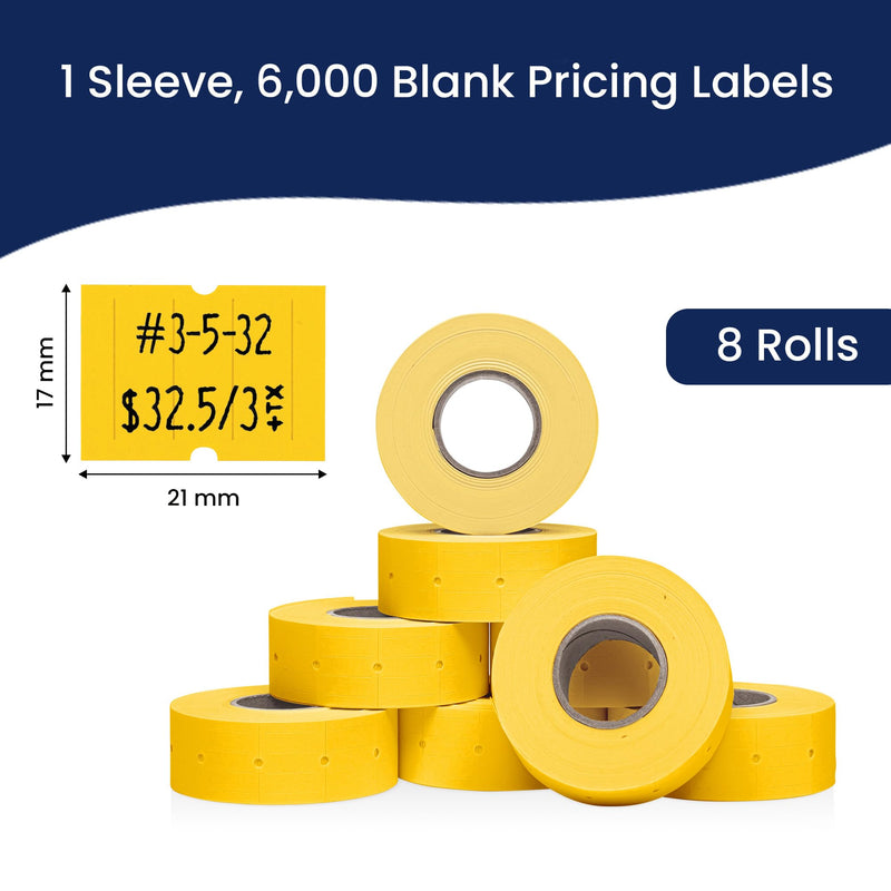 Perco 2 Line Yellow Labels - 8 Rolls, 1 Sleeve, 6,000 Blank Price and Date Gun Labels for Perco 2 Line Price and Date Guns - Made in USA
