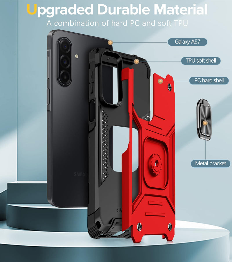 for Samsung Galaxy A57 5G Case Rugged Military Grade Heavy Duty Armor Shockproof A57 Phone Case with 360 Metal Ring Kickstand Mount Magnetic Cover for Samsung Galaxy A57 (Red) Red