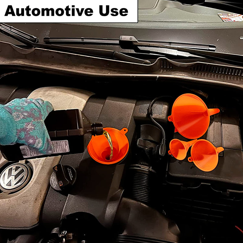 Plastic Funnel for Automotive Use - Kitchen Funnels for Filling Bottles, Jars, Containers or Lab Use - Oil Funnel for Gas, Car Oil, Lubricants and Fluids (Orange-4 Pack) Orange-4 Pack